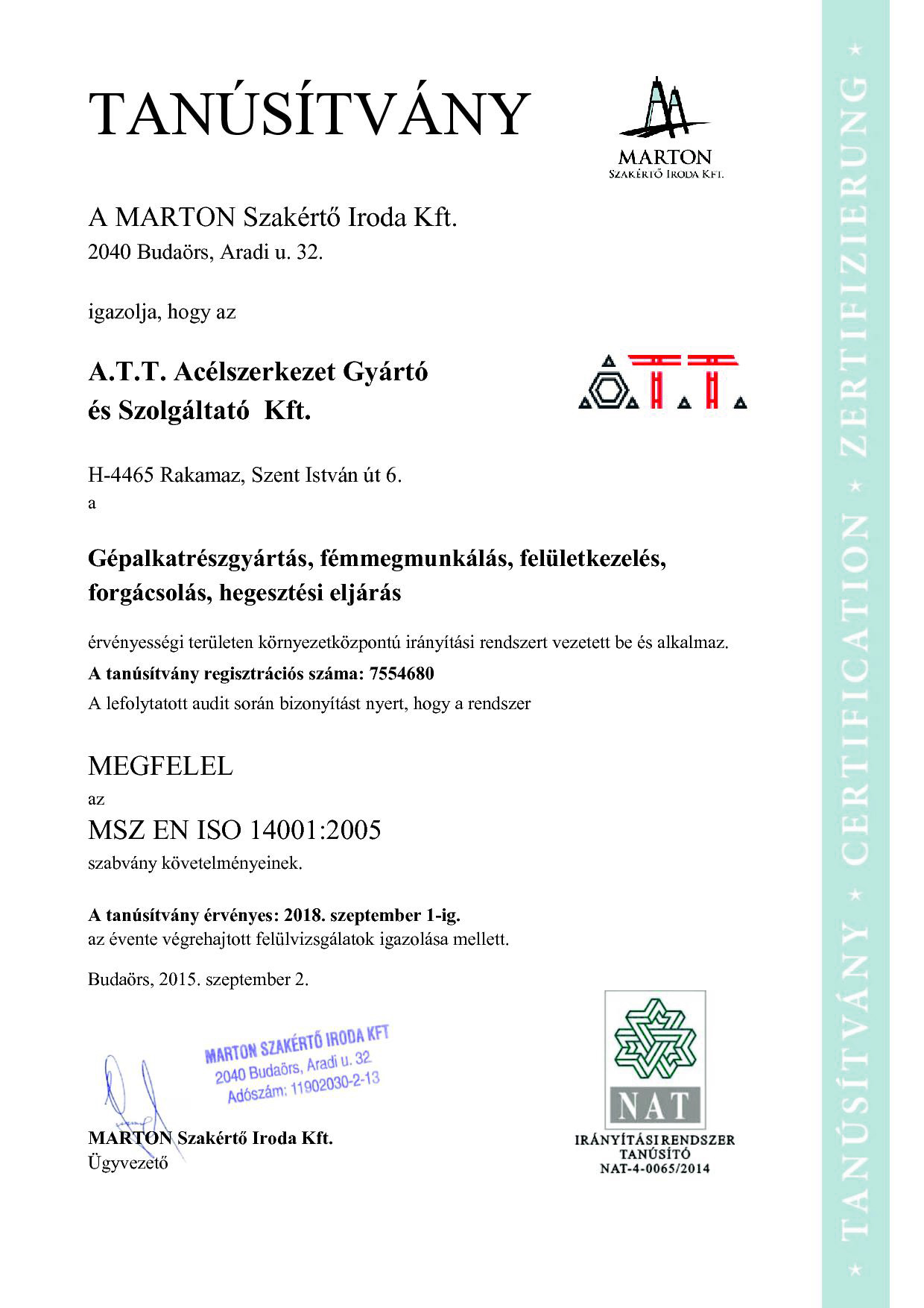 certificat HUN ISO 14001